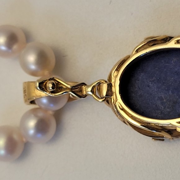 Stunning Large 14K Lapis & Diamond Pendant With Snap Close Bale Pearl Necklace - Picture 8 of 11